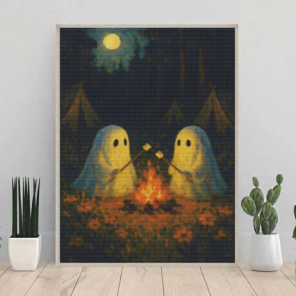 DIY Diamond Painting Kit Cute Ghost Campfire Pattern 5D Full Drill Canvas Art Creative Craft Gift for Girls and Adults