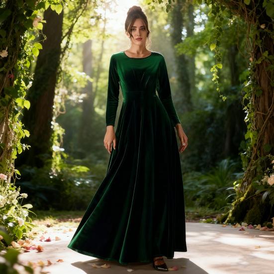 Damen Samt Maxi Kleid Lässig Rundhals Langarm A-Linien Swing Kleid Herbst Cocktailparty Formelles Kleid für Hochzeitsgast