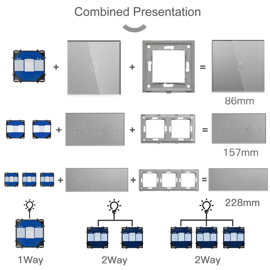 BSEED 1/2/3Gang Touch Light Switches Dimmers 1/2/3Way Function Parts Glass Front Panels EU Standard DIY Spare Parts Only Gray