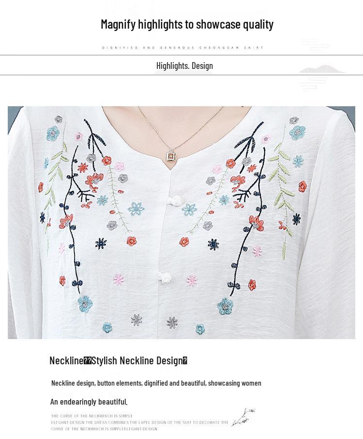 2026 Summer Embroidered Cotton-Linen Top for Slimming and Covering, Ideal for Middle-Aged and Elderly Women