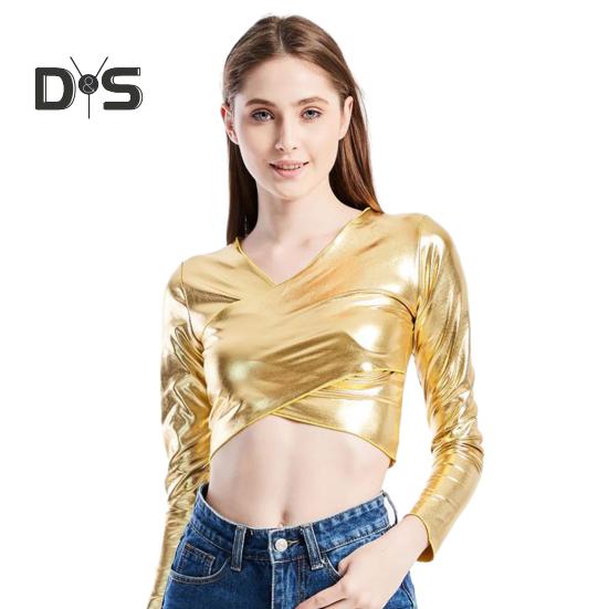 

Женский клубный топ с короткой талией, длинным рукавом и V-образным вырезом, гладкий глянцевый пуловер из искусственной кожи, облегающий, мягкий, дышащий, танцевальная женская блузка S золотистый