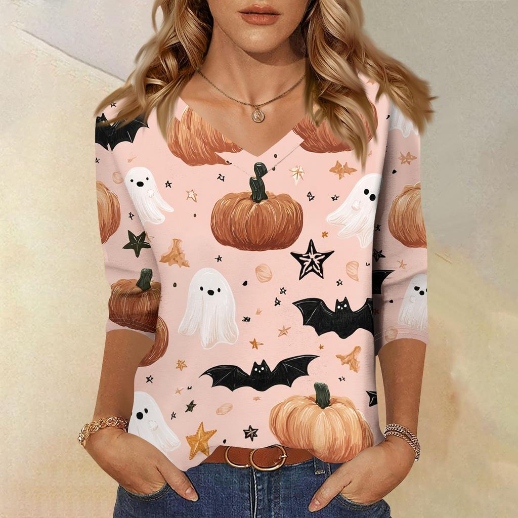 Damen Freizeit Halloween Aufdruck V-Ausschnitt Dreiviertelarm Oberteil Leichtes Weiches Gewebe Herbsthemd für den Alltag
