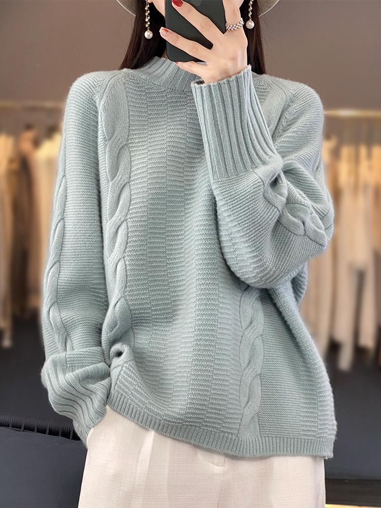Women's 100% Wool Long Sleeve Half-High Neck Pullover Sweater
