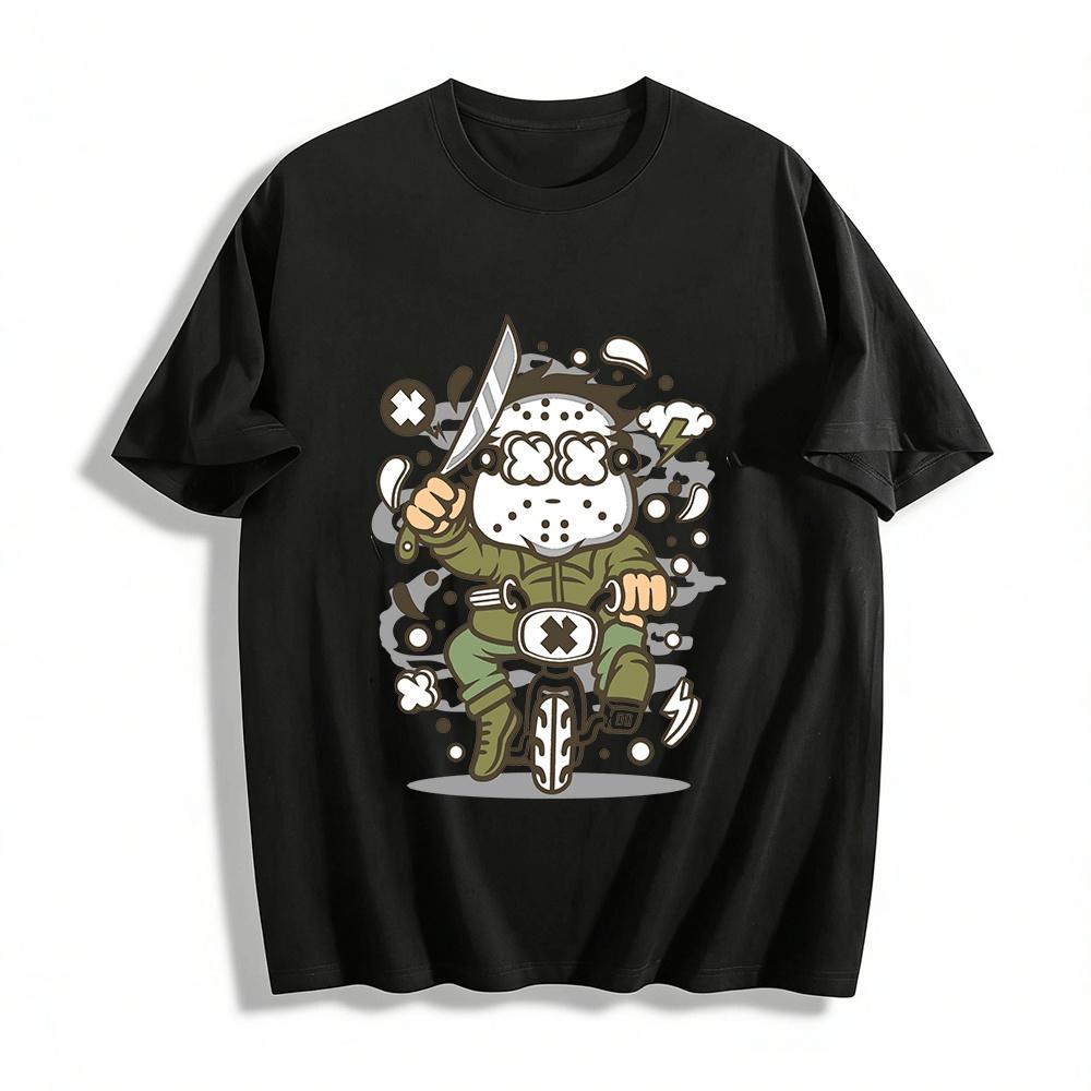 

Jason Riding Bike Funny Print Tee Horror Movie Casual Top Pure cotton T-shirt XXS