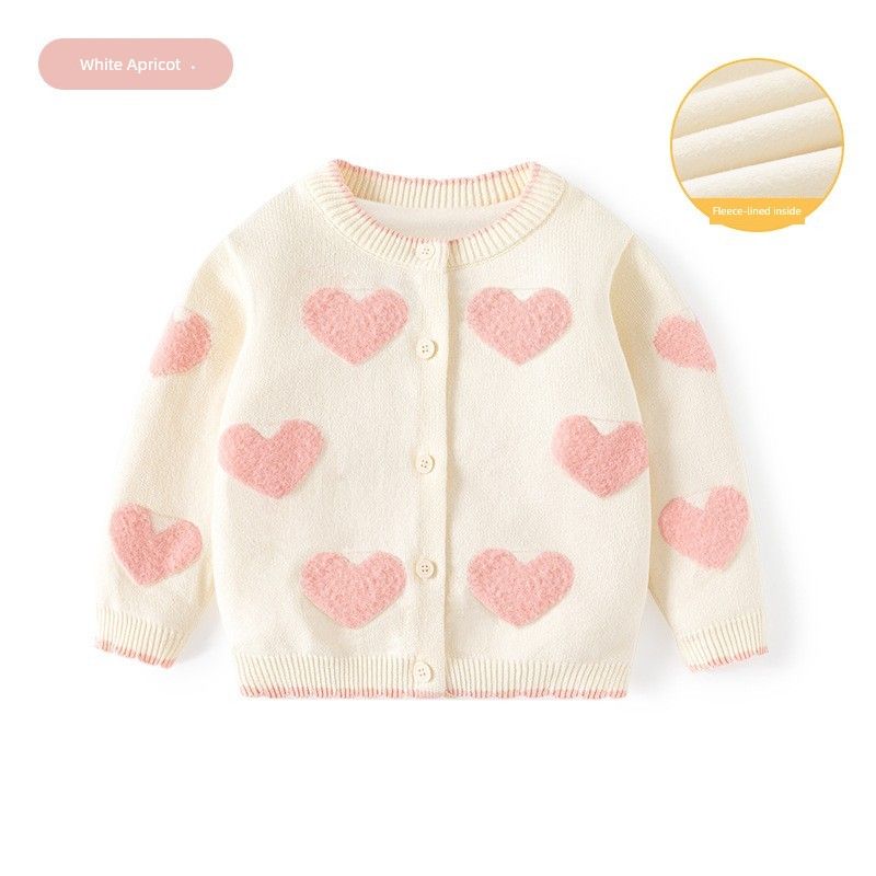 Spring and Autumn Kids Heart Combed Cotton Long Sleeves Sweater Girl Fleece-lined Cardigan Top Baby Girl Knitwear Outwear
