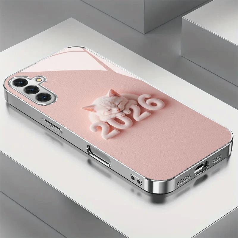 

Позолоченный чехол для телефона из закаленного стекла, совместимый с Galaxy S26 S25 S24 S23 S22 Ultra Plus. С дизайном новогоднего счастливого кота For Galaxy S26