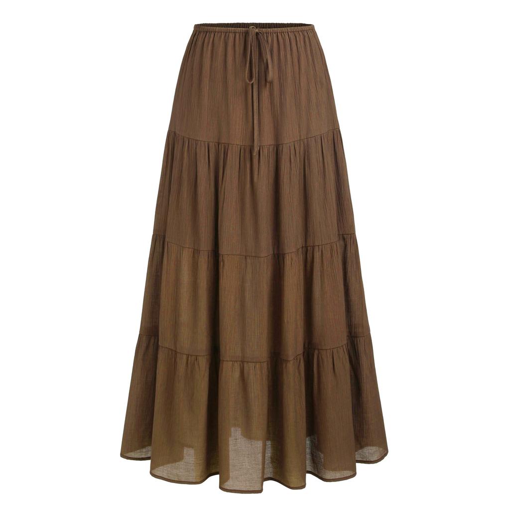 Women's Casual Maxi Skirts Summer Boho Solid Beach Elastic High Waist Pleated A-Line Flowy Swing Long Maxi Skirts Elastic Waist Long Skirt for Women