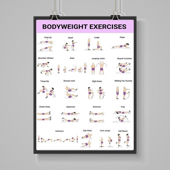 3Pcs Home Workout Poster Set with Dumbbell Bodyweight Barbell Exercises Full Body Strength Training Guide for Beginners Advanced Laminated Fitness