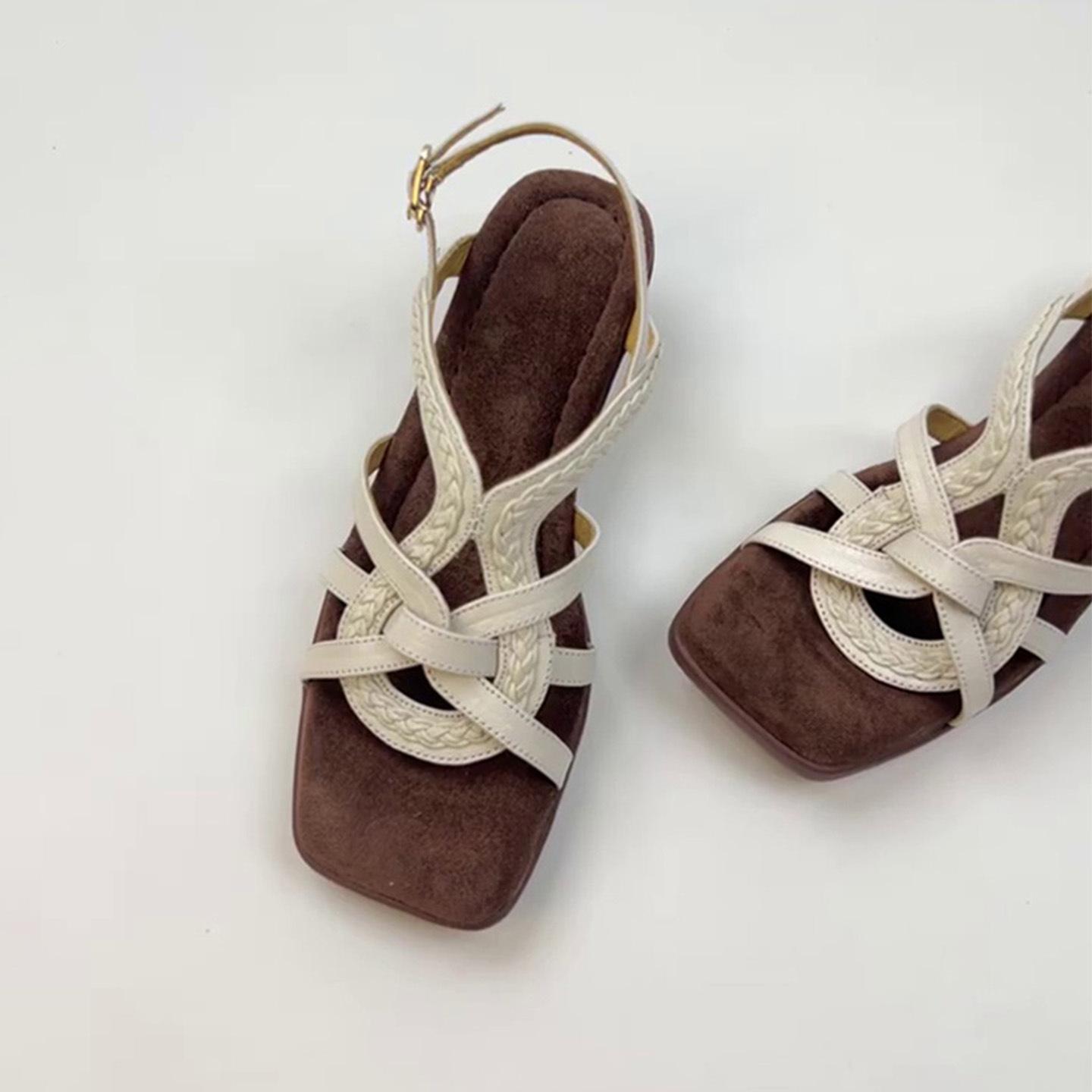 

Sheepskin version~ Square head French retro woven cross word with wedge heel Roman sandals women s open-toed versatile sandals 35