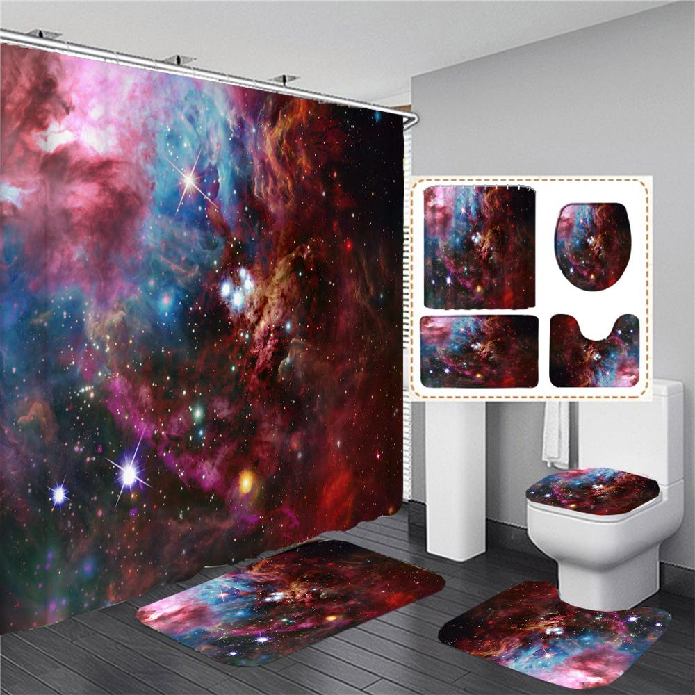 Cosmic Starry Sky Bathroom Curtains Set Universe Galaxy Space Shower Curtain Set Bath Mat Rugs Toilet Lid Cover Home Decor