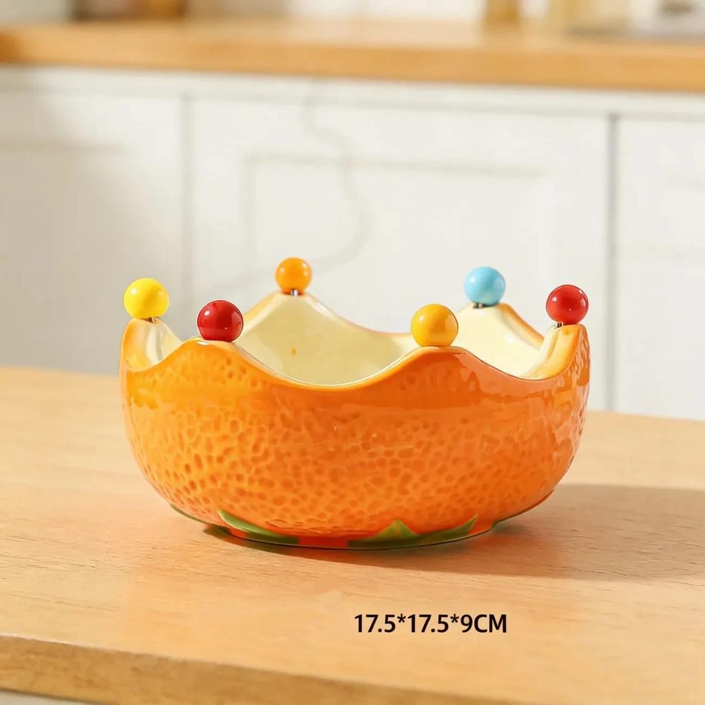 Ceramic Orange Fruit Bowl with Fork, Cute Dessert & Snack Bowl for Fruits and Treats