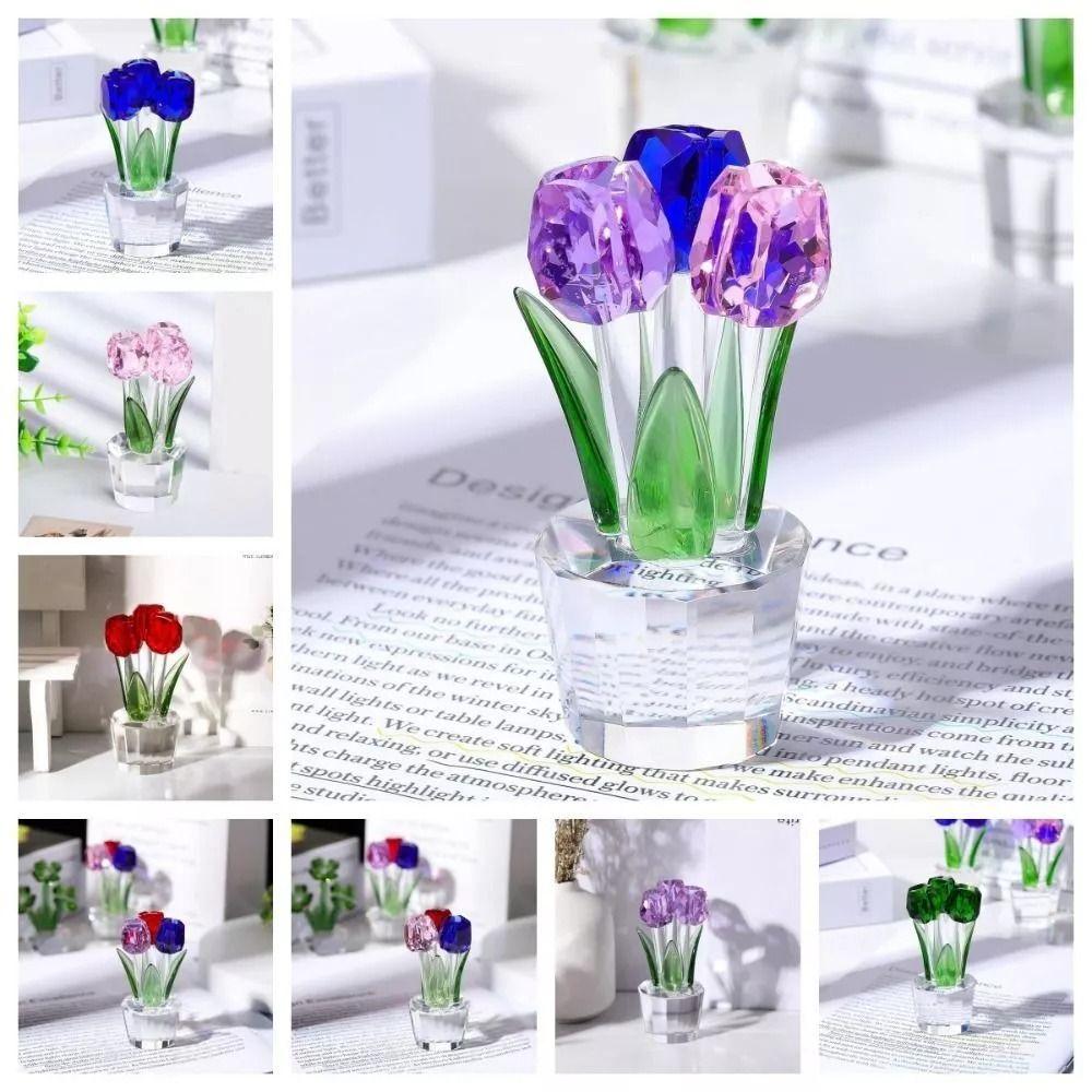 Creative Crystal Tulip Sculpture Colorful Handmade Tulip Bouquet Ornaments Reflect Small Desktop Floral Decorations