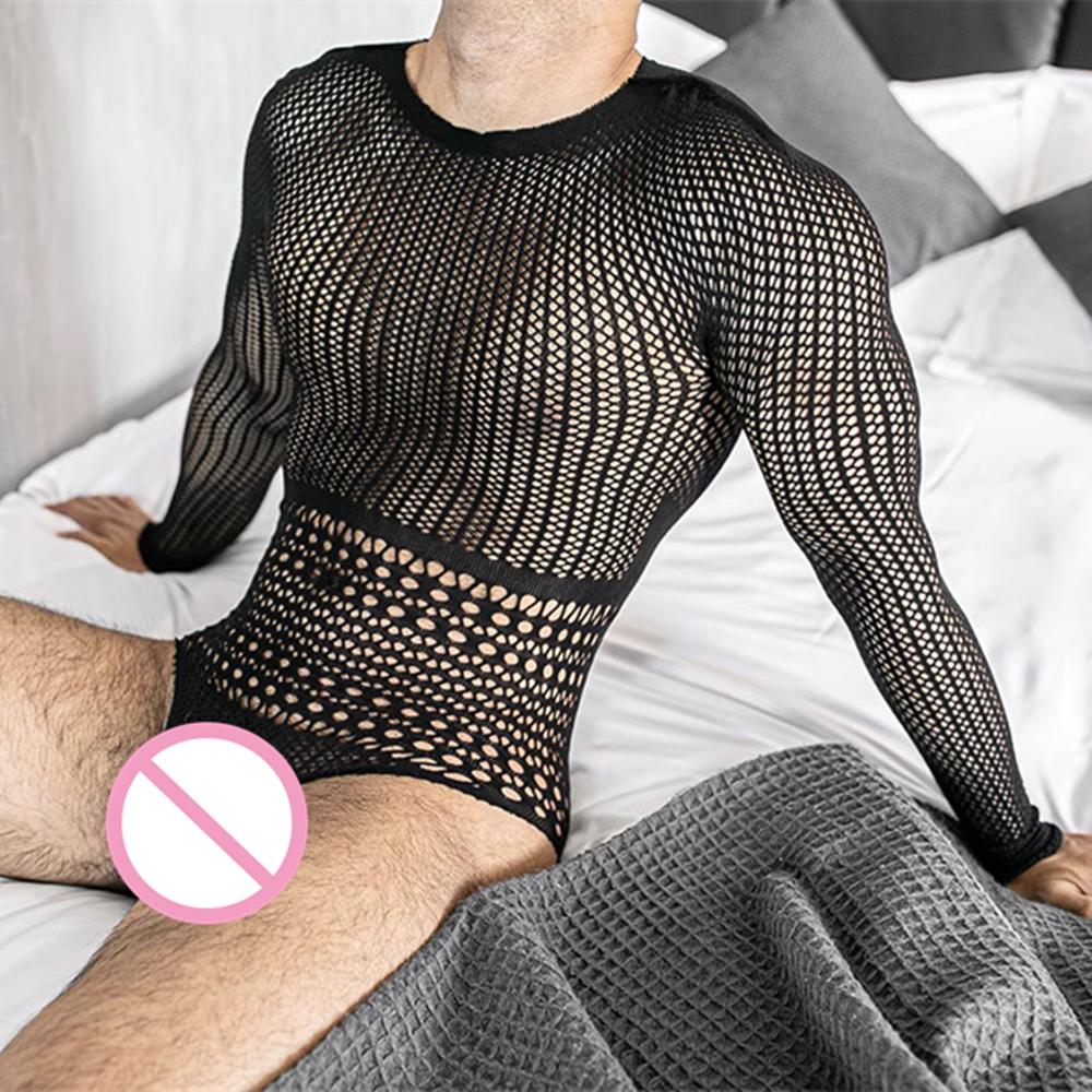 Plus Size Men's Black Sexy Lingerie Fishnet Body Stockings Male Underwear Exotic Lingerie for Man Open Crotch Transparent Tights