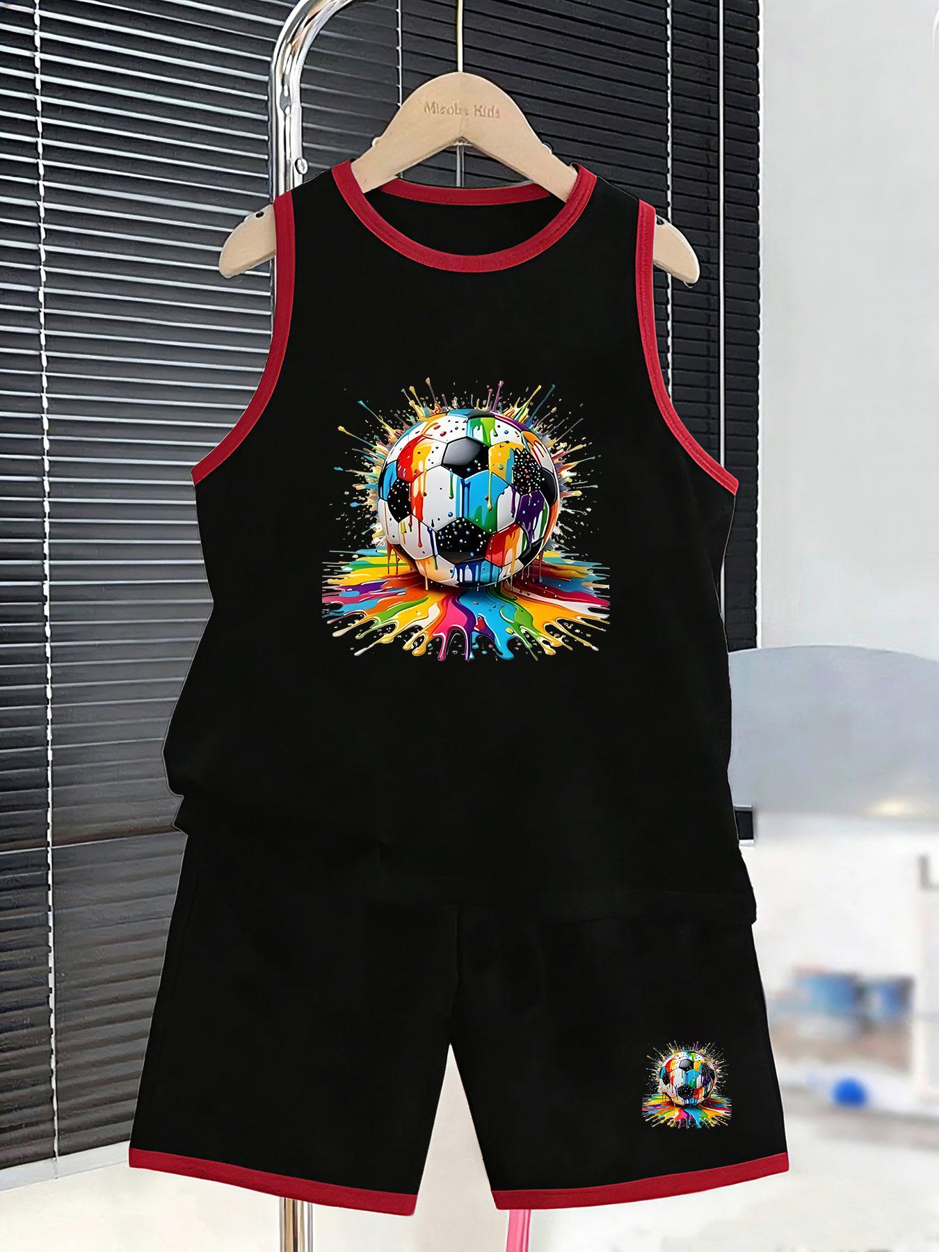 Boys splash ink football graphic short set. Artistic trendy design, breathable material for street fashion and daily outings. 2-3Y чёрный