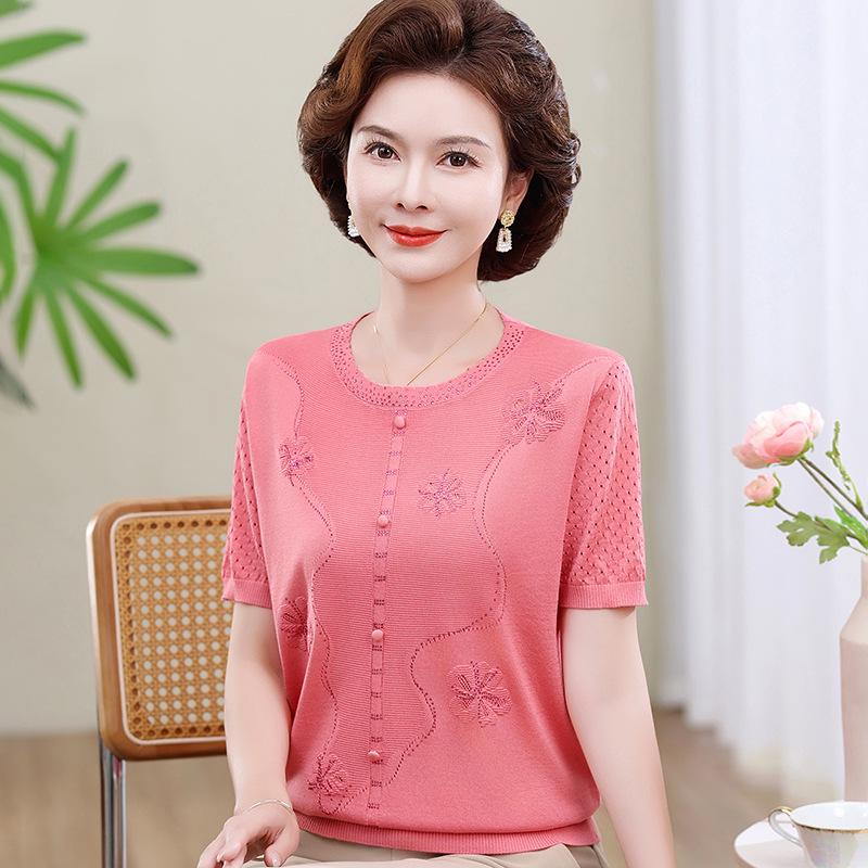 

Stylish Ice Silk Short-Sleeved Blouse for Middle-Aged and Elderly Women XL [52.5-60 kg]