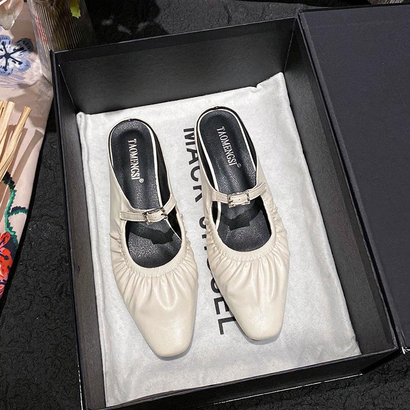 

Square head pleated bag head thick heel slippers women s half drag wear a pedal buckle belt 43