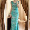 Mint Green Fishtail Maxi Dress with Butterfly Print and Pleated Waist