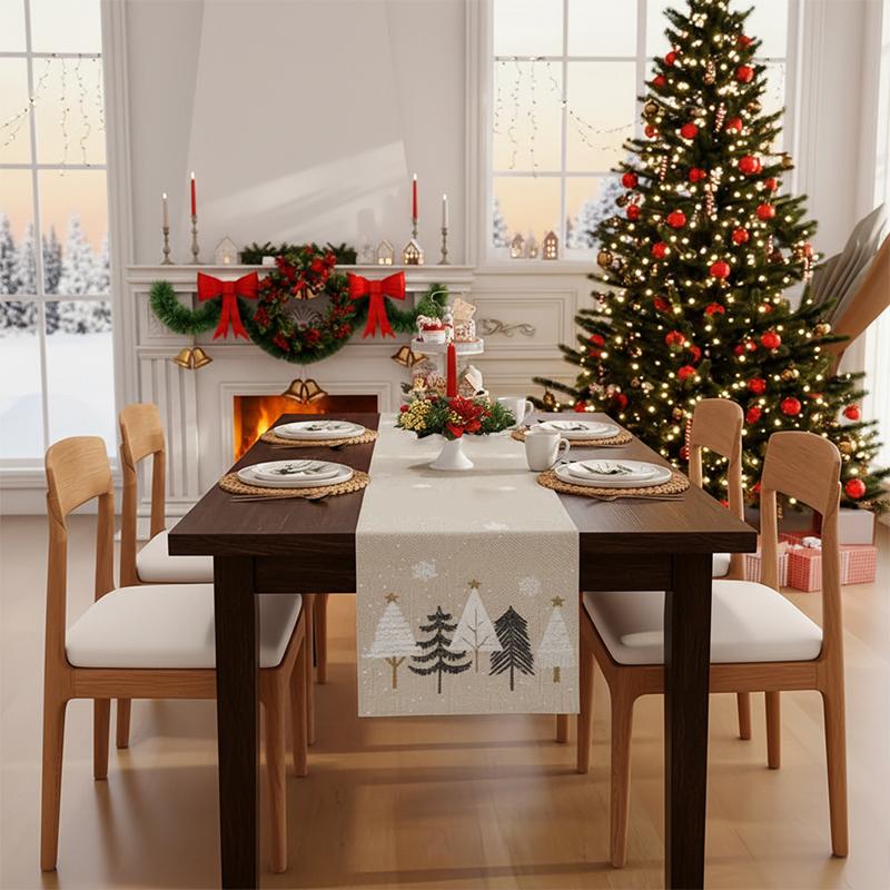 Christmas Table Runner Pine Trees Snowflakes Linen Table Runner Winter Holiday Party Kitchen Dining Table Decor Merry Christmas