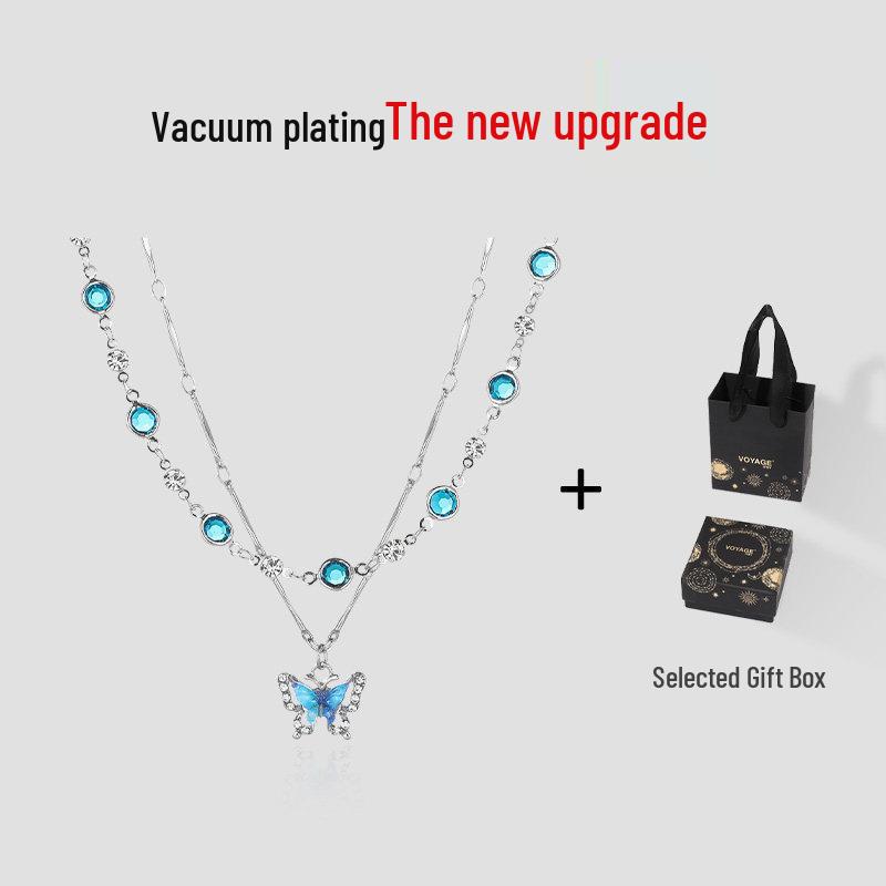Double Layer Deep Blue Butterfly Pendant Necklace for Women - Chic, Layered Clavicle Chain with Light Luxury, High-End Niche Design