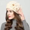 Korean Style Velvet-Lined Knit Rabbit Fur Hat with Pearls - Women's Autumn/Winter Beret