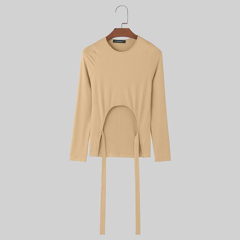 

INCERUN мужские топы с круглым вырезом и длинными рукавами, нерегулярные ремни, вечерние футболки 3XL бежевый