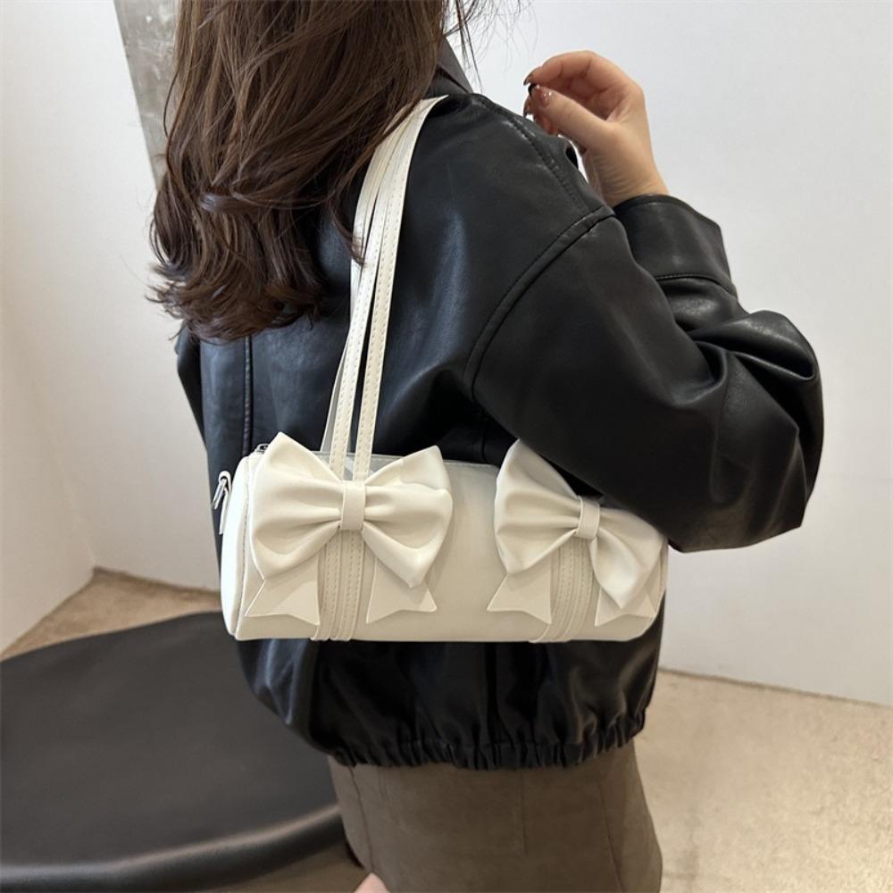 

PU Leather Bow Cylinder Bag Hobo Pleated Single Shoulder Bag Fashion Balletcore Handbag Daily серебряный