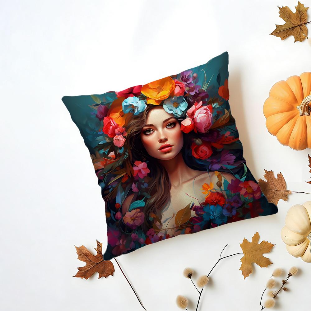 Casual Romantic Dreamy Flowers Girl Hairs Cushion Cover Washable Linen Pillowcase Soft for Daily Sofa Bed Home Room Decor