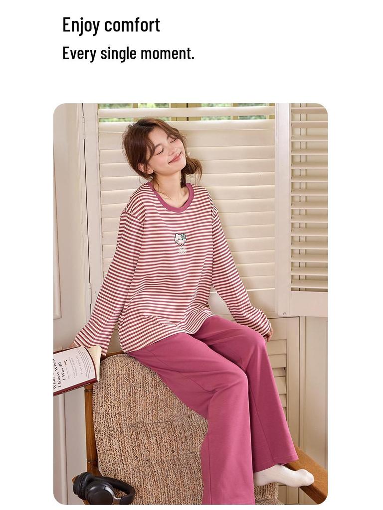 Women's Long-Sleeve Sweet Cartoon Homewear Set with Built-in Bra Pads - Spring/Autumn Cotton