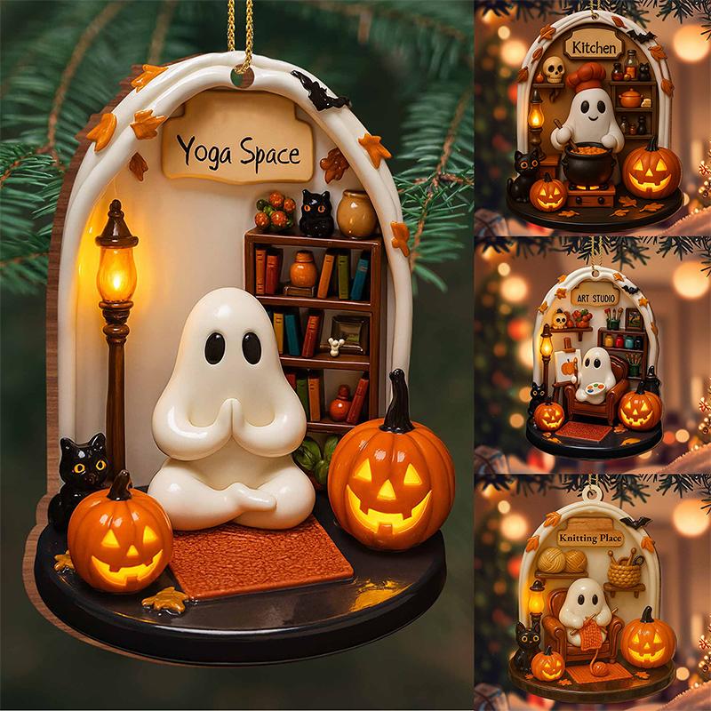 Cute Reading Ghost Halloween Ghost Ornaments 2D Flat Acrylic Pendant Halloween Hanging Home Decor