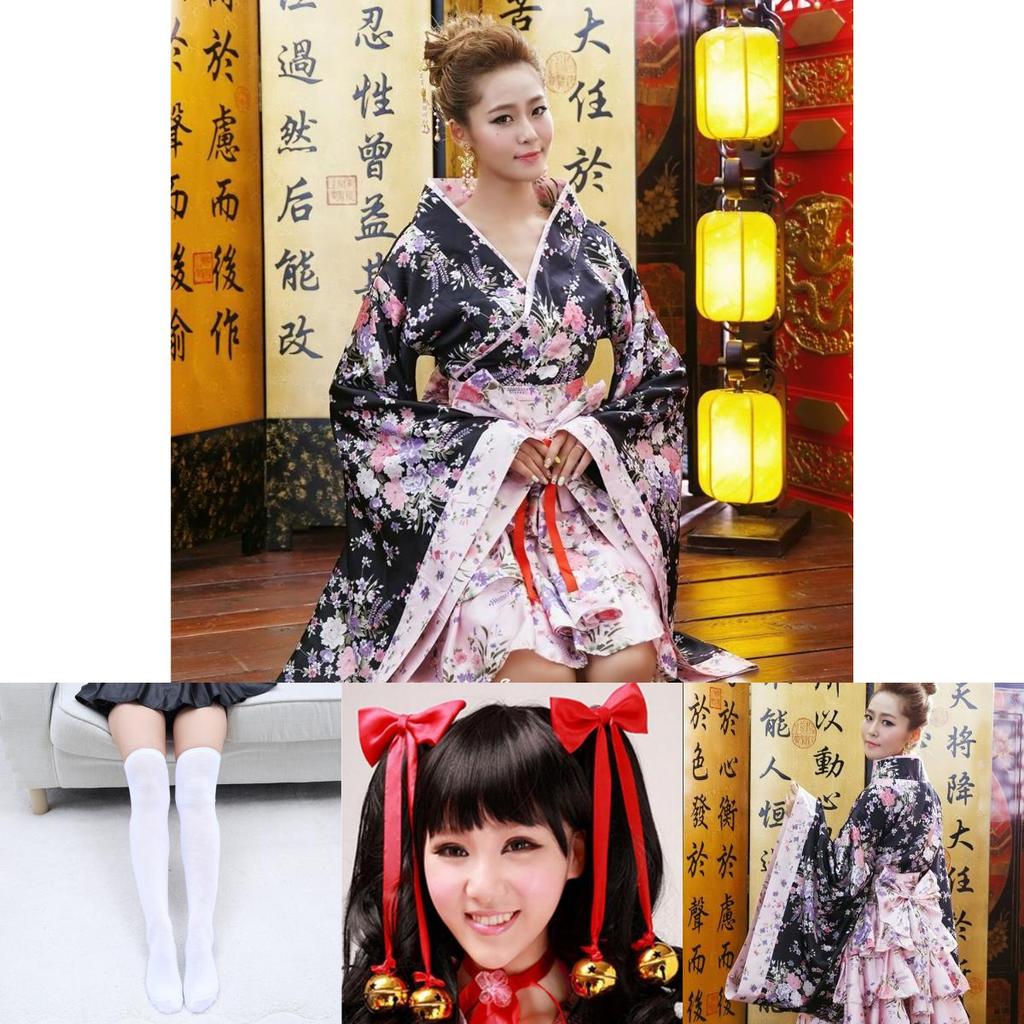 Elegant Japanese Kimono Cosplay Lolita Anime Maid Outfit With Full Accessories