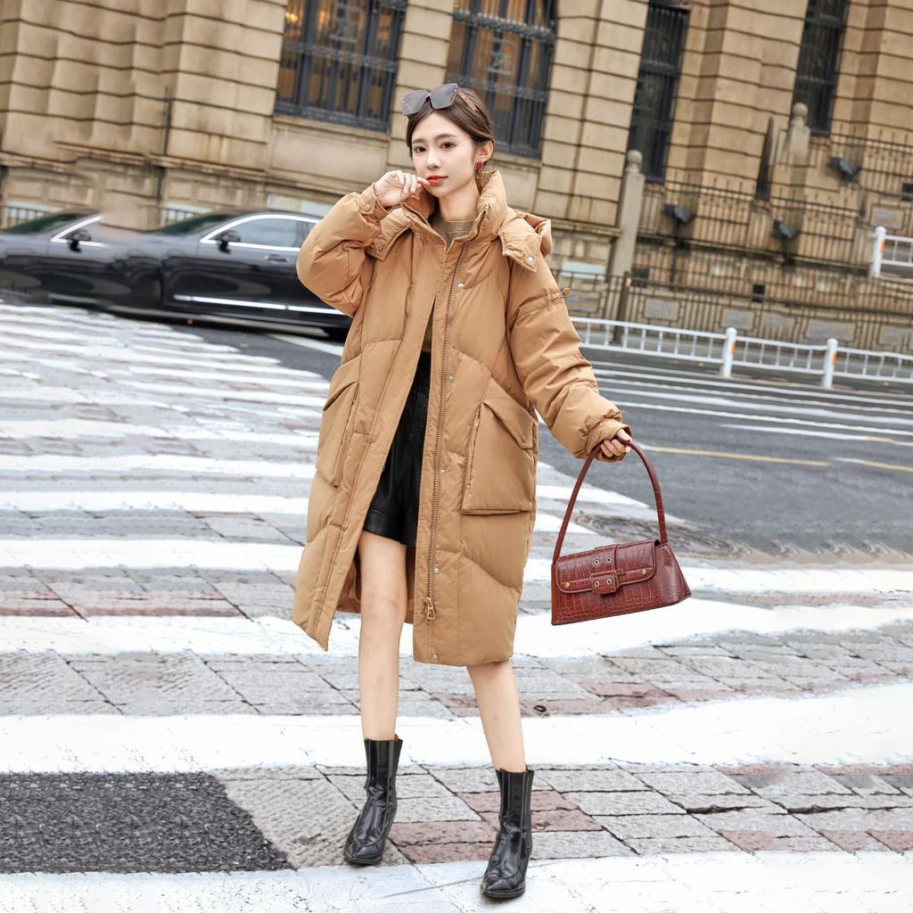 Damen Winter Herbst Kapuzenjacke Weiße Entendaunenjacke Mantel Locker Lang Einfarbig Große Tasche Abnehmbarer Hut Daunenmantel