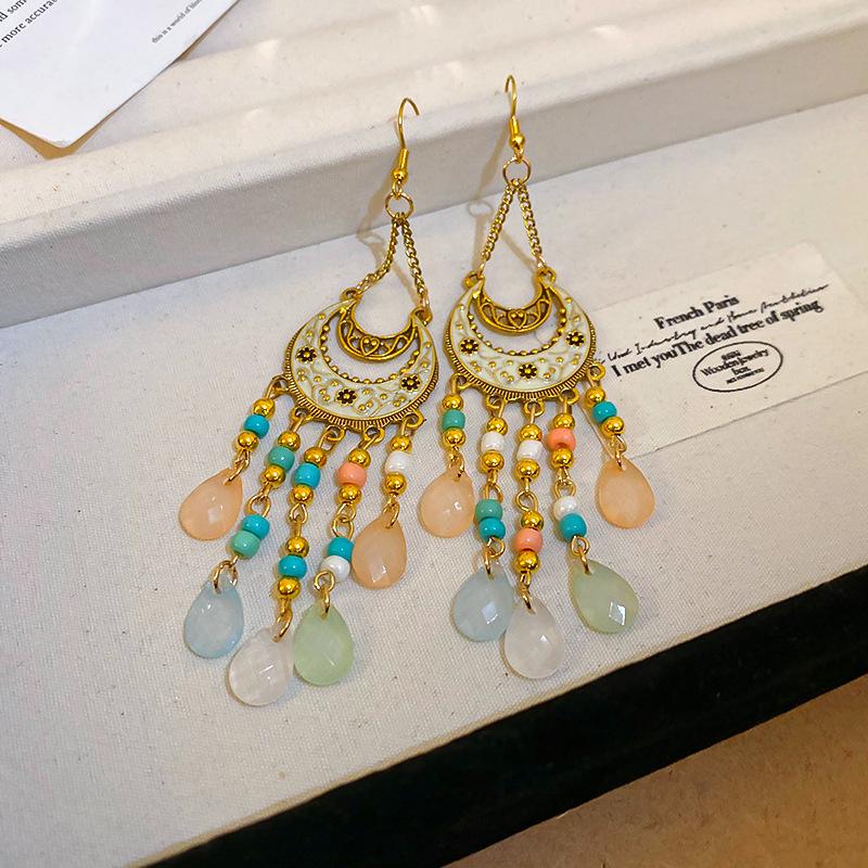 Ethnic Geometric Water Drop Tassel Earrings: Retro Design with Niche Temperament and High-Class Feel in National Style