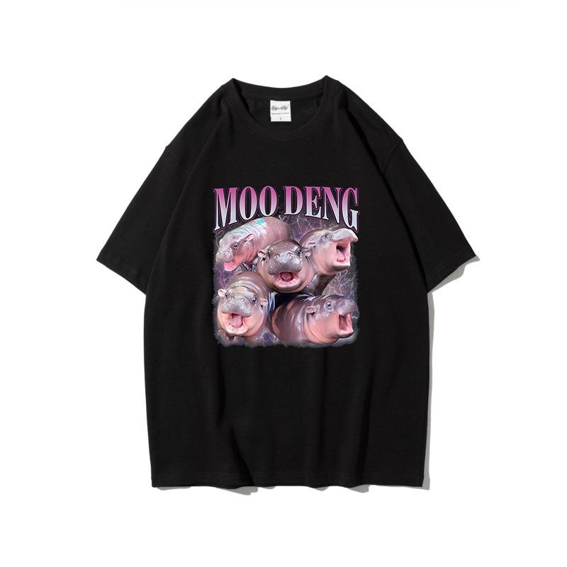 Fun Printed Moo Deng Bouncing Pig Casual T Shirts Trend Loose Cotton Short Sleeved Round Neck Top