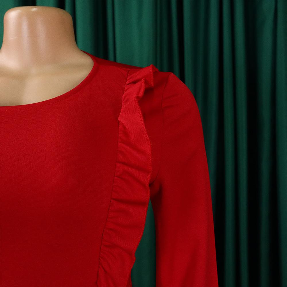 YYFS Damenmode Frühling Herbst Einfarbig Druck Langarm O-Ausschnitt Hohe Taille Freizeitkleider