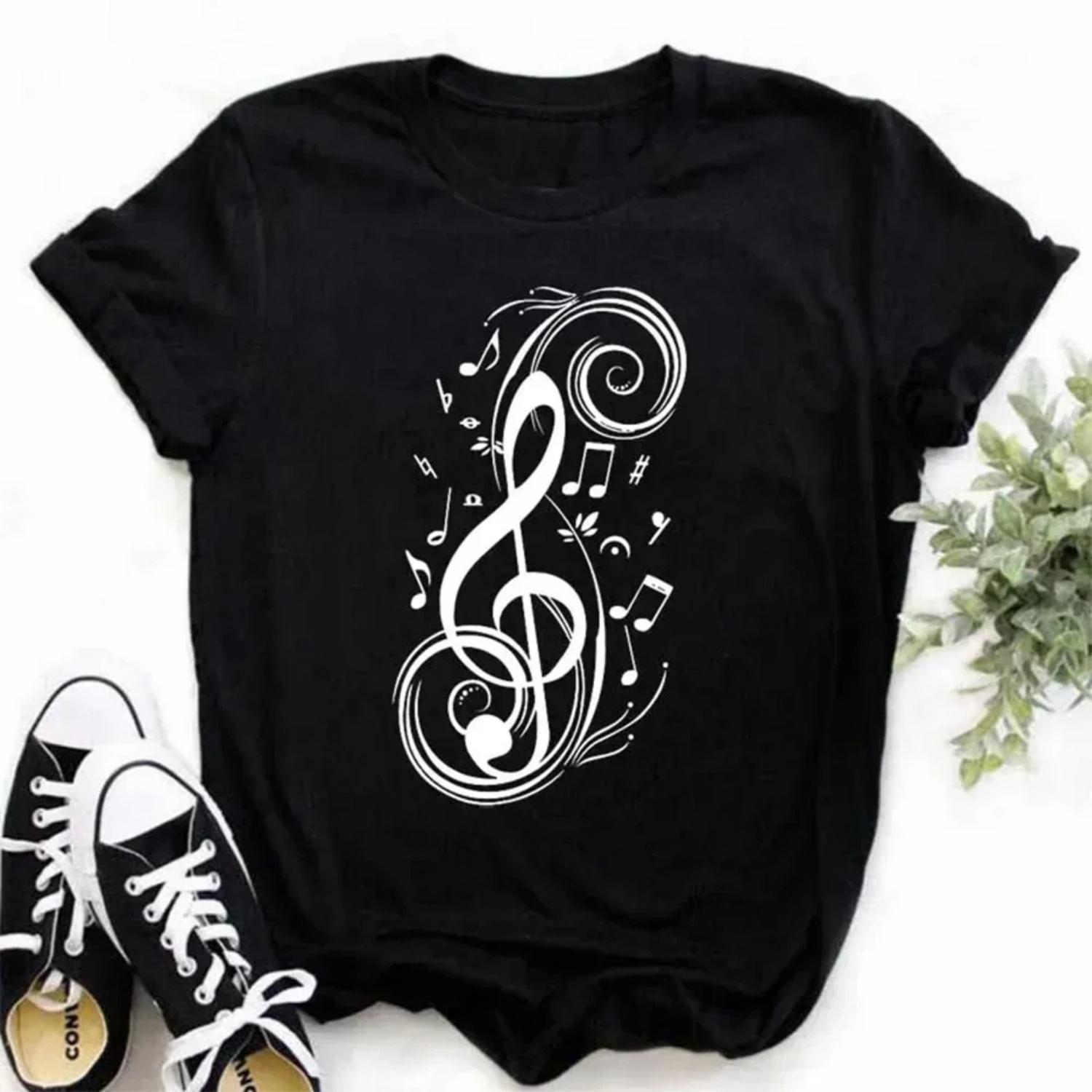 

Maycaur Harajuku Women T Shirt Music Note Printed Tops Women New Black T-shirt Ladies Fashion Graphic Tees Female Tops S чёрный