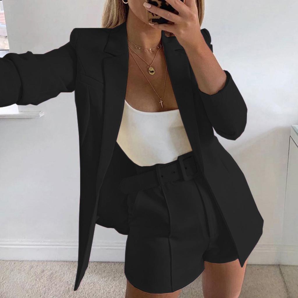 Women's Slim Fit Two Piece Suit Lapel Long Sleeve Blazer High Waist Belted Short Co-ord Outfit Set