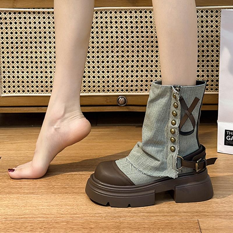Jeans tube boots women's platform small British style Martin boots 2025 new autumn retro stacked short boots