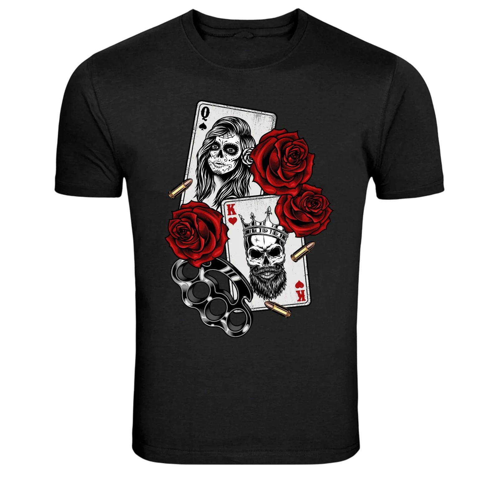 Queen Skull King Cards Roses Bullet Graphic T-Shirt 4XL