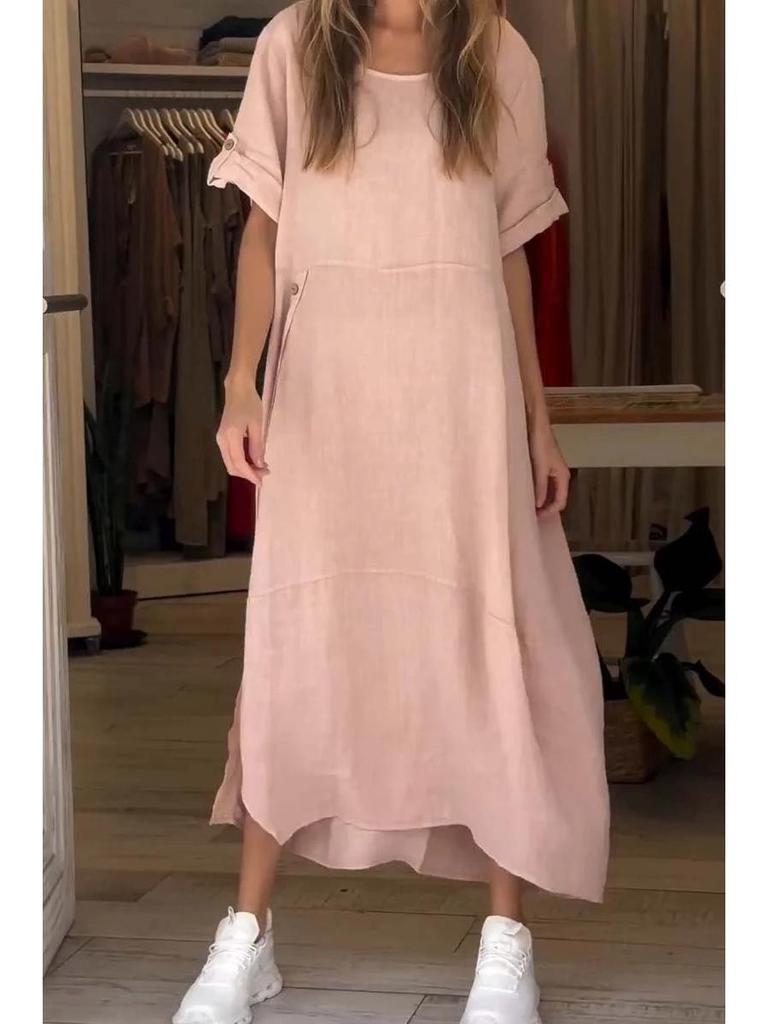 Vestido de Verano de Algodón y Lino para Mujer Europeo y Americano - Holgado, Color Sólido, Manga Corta Estilo Casual
