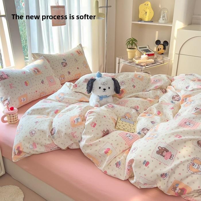 A-class cotton wash set, four-piece set with double-layered gauze bedsheet, duvet cover, and bed skirt, suitable for all seasons