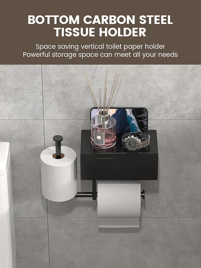 Black wall mounted toilet paper holder with shelf no drilling required drawer style tissue box essential bathroom organizer
