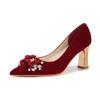 Fashion Pointed Toe Shallow Mouth Flower Pearl Wedding Shoes No Tired Feet Block Heel Pointed Toe Single Shoes
