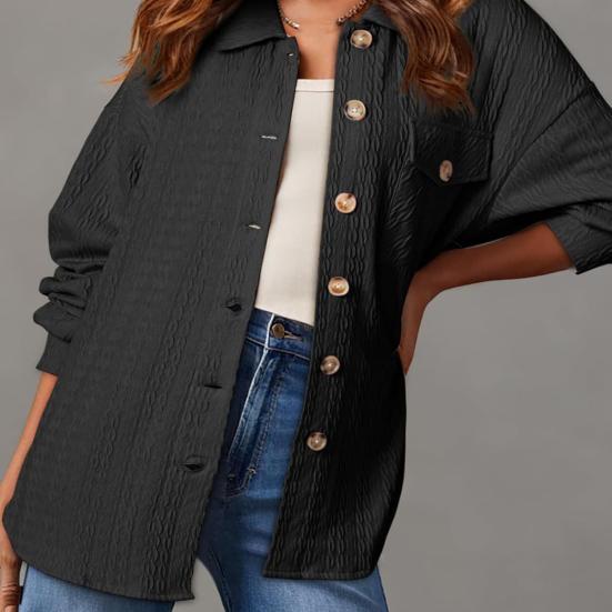 Camicia da donna con risvolto, manica lunga, tasca con patta, monopetto, tinta unita, trama intrecciata, vestibilità oversize, giacca