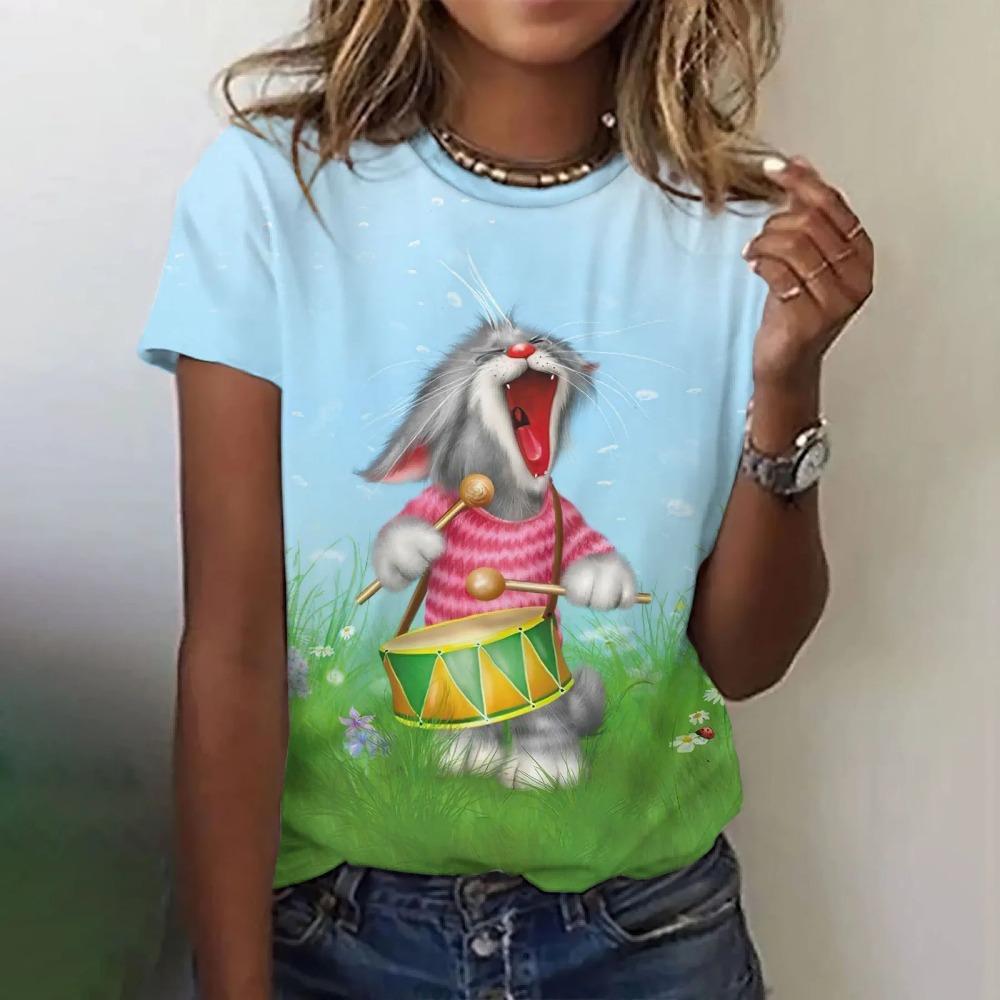 Cute cat 3D printed women's loose round neck short sleeved T-shirt