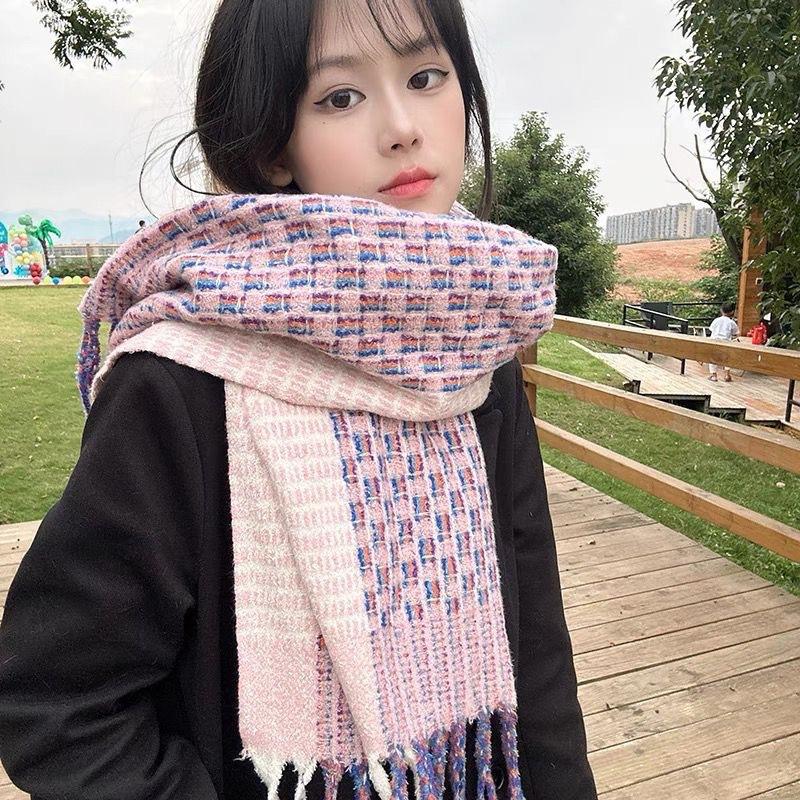 New Plaid Small Fragrant Style Scarf for Women Korean Version Versatile Purple Warm Autumn and Winter Ins Couple Scarf for Men