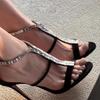 Open Toed Straight Chain Sandals With Rhinestones, Women's Slim Heels, Zippered High Heels