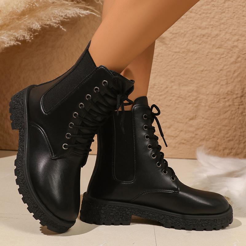 Fashion Rimocy Fashion Platform Combat Boots Women Black PU Leather Lace Up Ankle Boots Woman Thick Sole Non Slip Autumn Winter Shoes