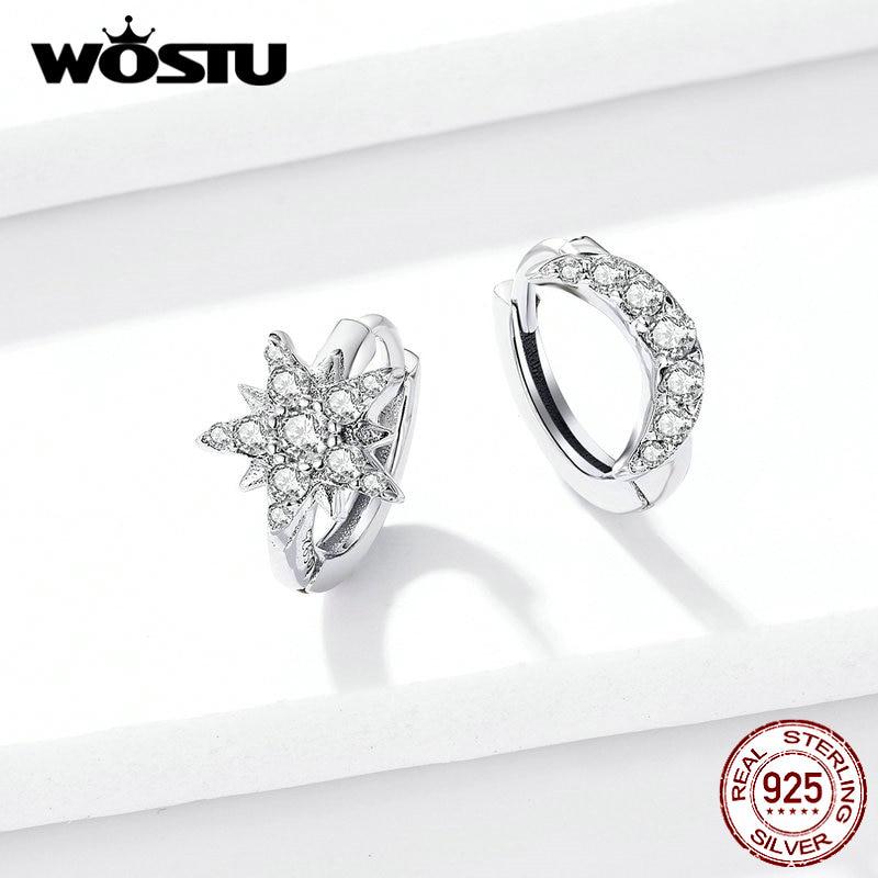 WOSTU Authentic 925 Sterling Silver Moon & Star Earrings Classic Zircon Smart Earrings For Women