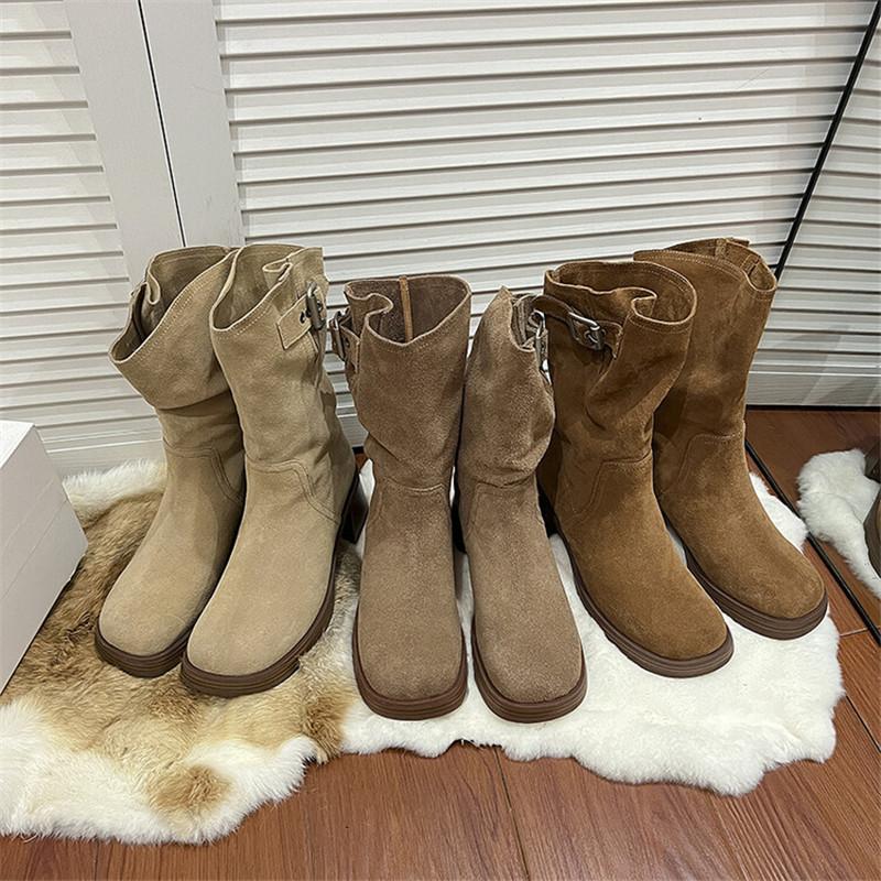 Fashion New Autumn Winter Cow Suede Women Boot Fashion Platform Boots for Women Chunky Heel Mid-calf Boots Ladies Shoes Western Boots
