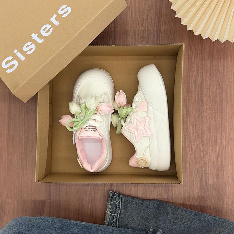 Cute Big Head Flat Shoes Women's Casual Round Toe Thick Bottom Heightening White Sneakers Breathable Comfortable All-Match